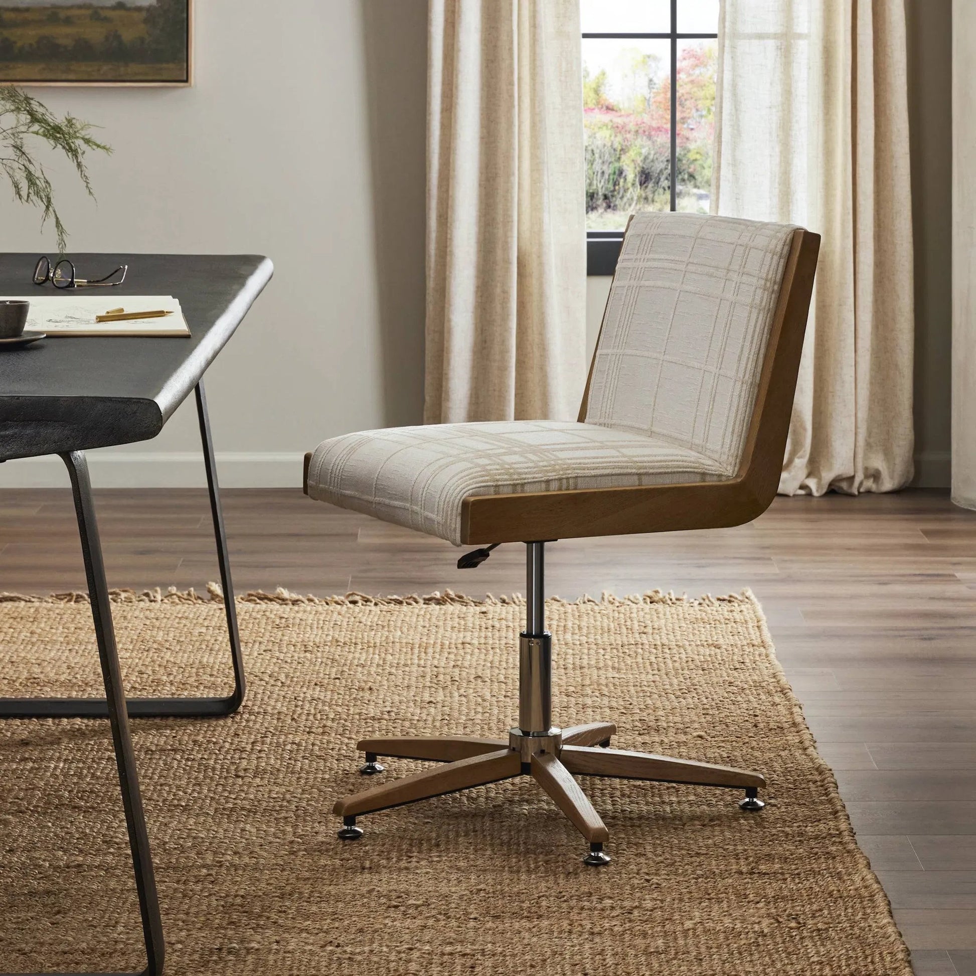 Carla Desk Chair by Four Hands in sheffield ivory, smoked grey. Made from 100% polyester, solid oak in a modern style.