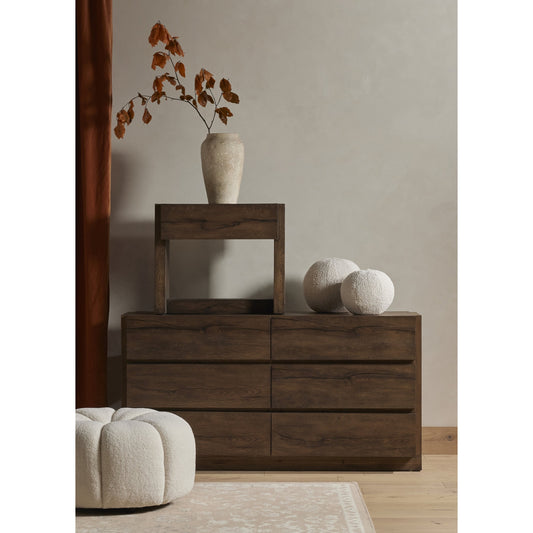 Perrin 6 Drawer Dresser by Four Hands in rustic fawn. Made from thick oak veneer, solid oak in a modern style.