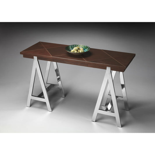 Maxim Console Table by Butler Specialty Company in multi-color and nickel. Made from leather, mdf, stainless steel in a modern style.