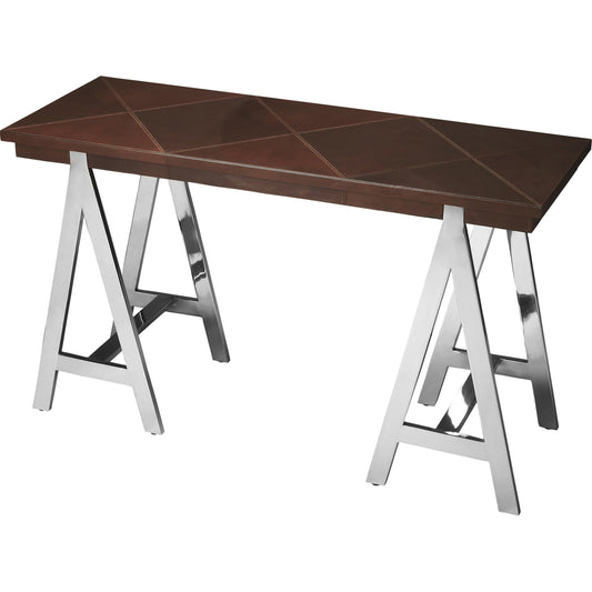 Maxim Console Table by Butler Specialty Company in multi-color and nickel. Made from leather, mdf, stainless steel in a modern style.