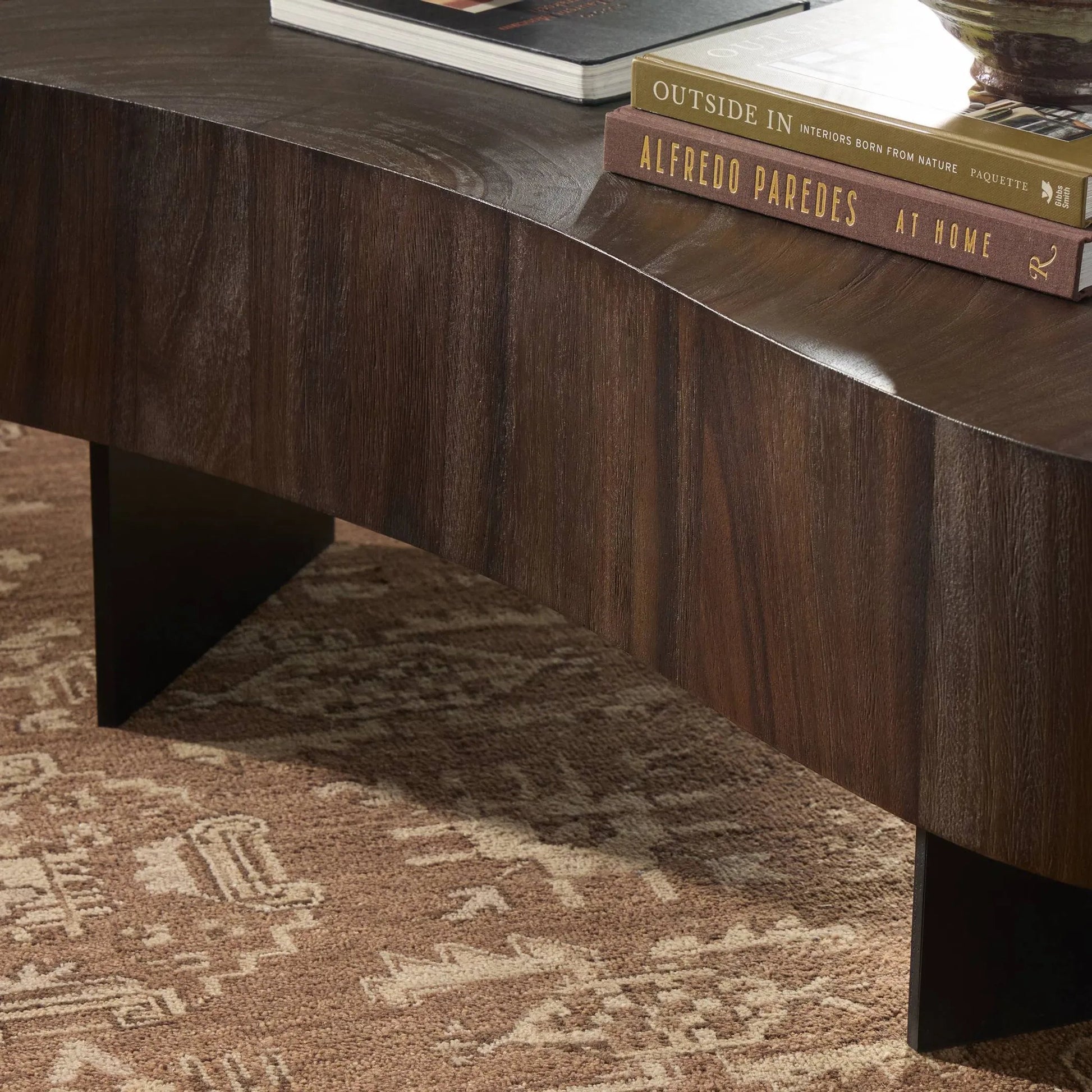 Avett Coffee Table by Four Hands. Made from guanacaste veneer, iron, thick guanacaste veneer in a eclectic & global style.