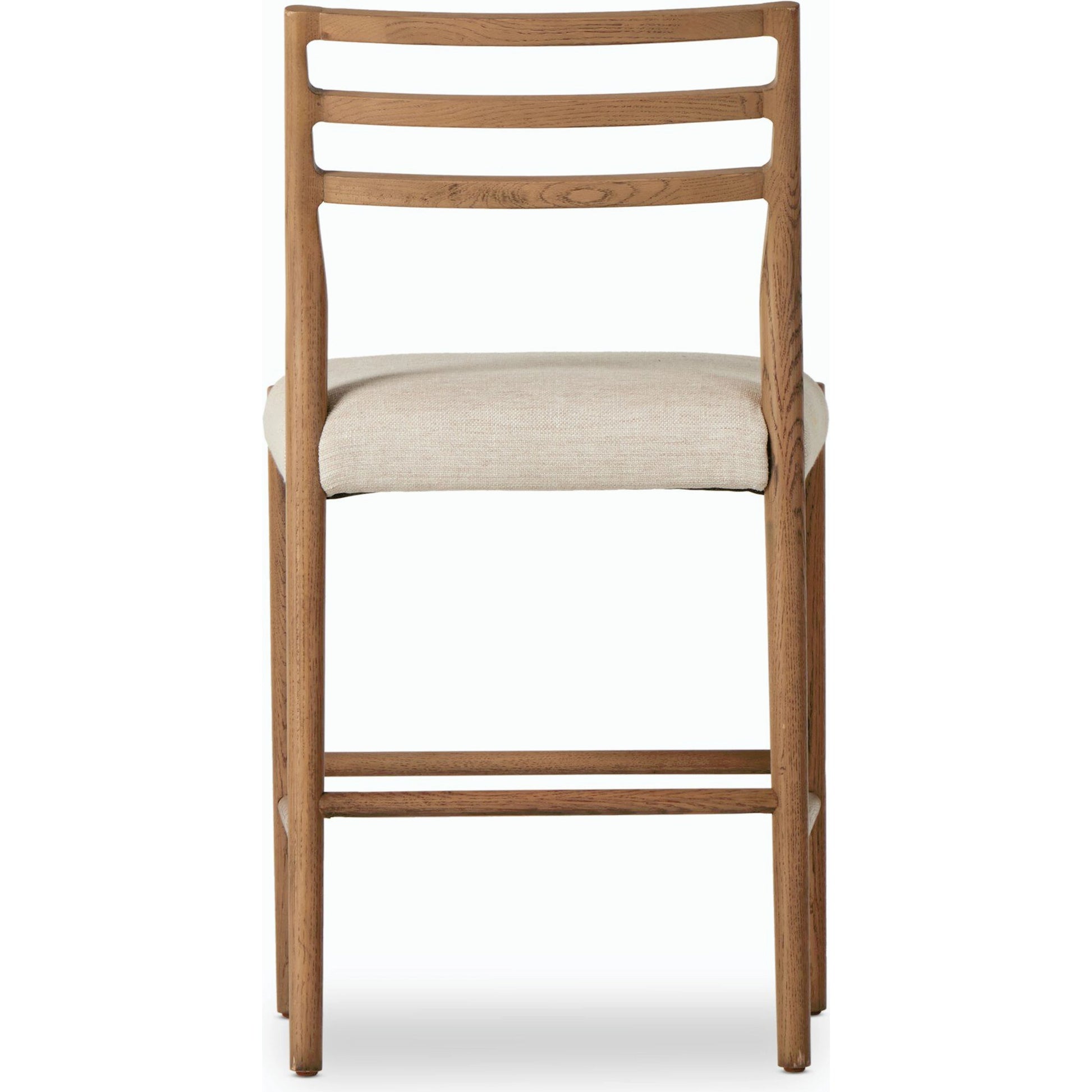 Glenmore Counter Stool by Four Hands in essence natural. Made from 49% viscose (rayon), 22% flax, linen, 18% polyester, 11% cotton, solid oak, 100% polyurethane foam pad in a modern style.