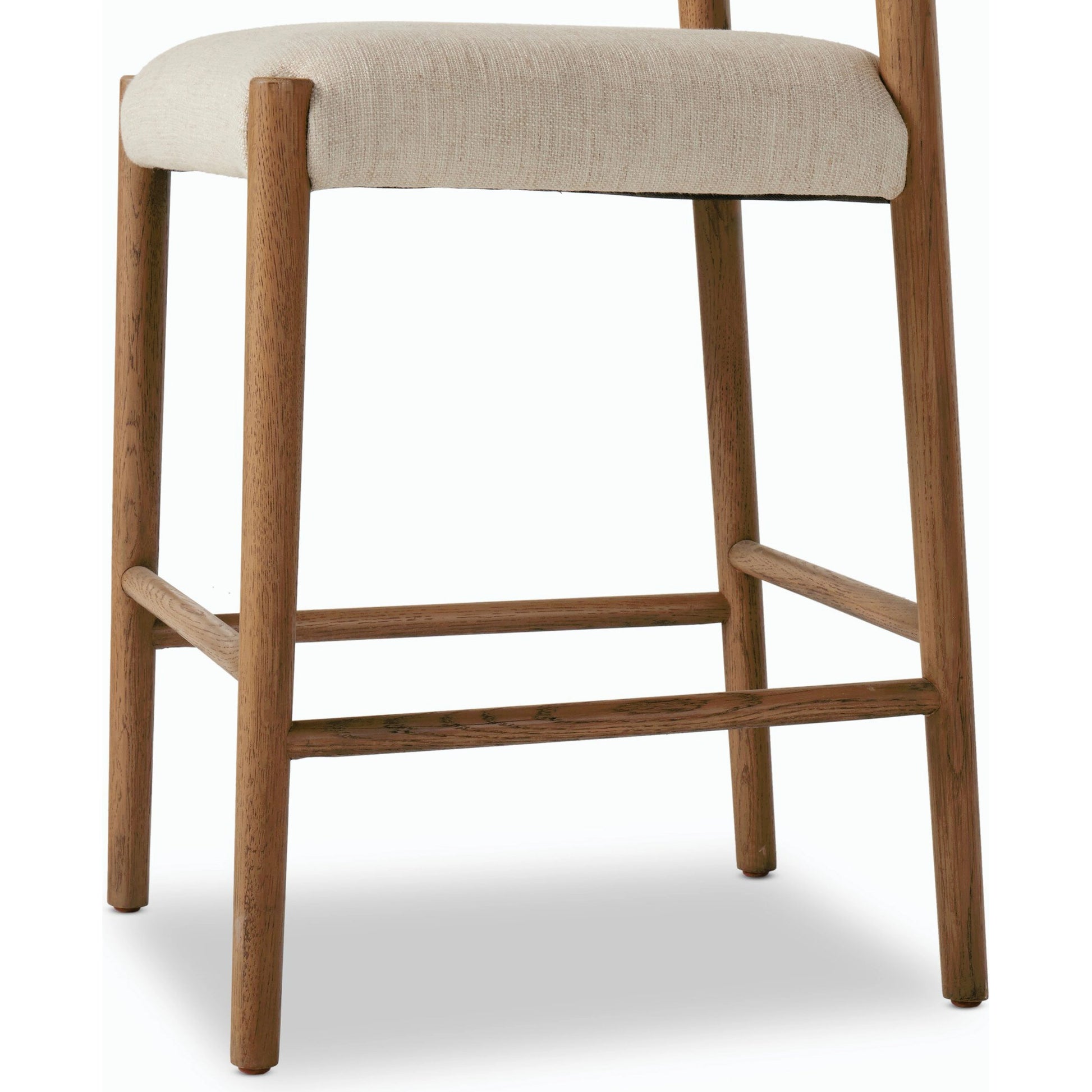 Glenmore Counter Stool by Four Hands in essence natural. Made from 49% viscose (rayon), 22% flax, linen, 18% polyester, 11% cotton, solid oak, 100% polyurethane foam pad in a modern style.