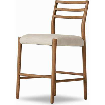 Glenmore Counter Stool by Four Hands in essence natural. Made from 49% viscose (rayon), 22% flax, linen, 18% polyester, 11% cotton, solid oak, 100% polyurethane foam pad in a modern style.