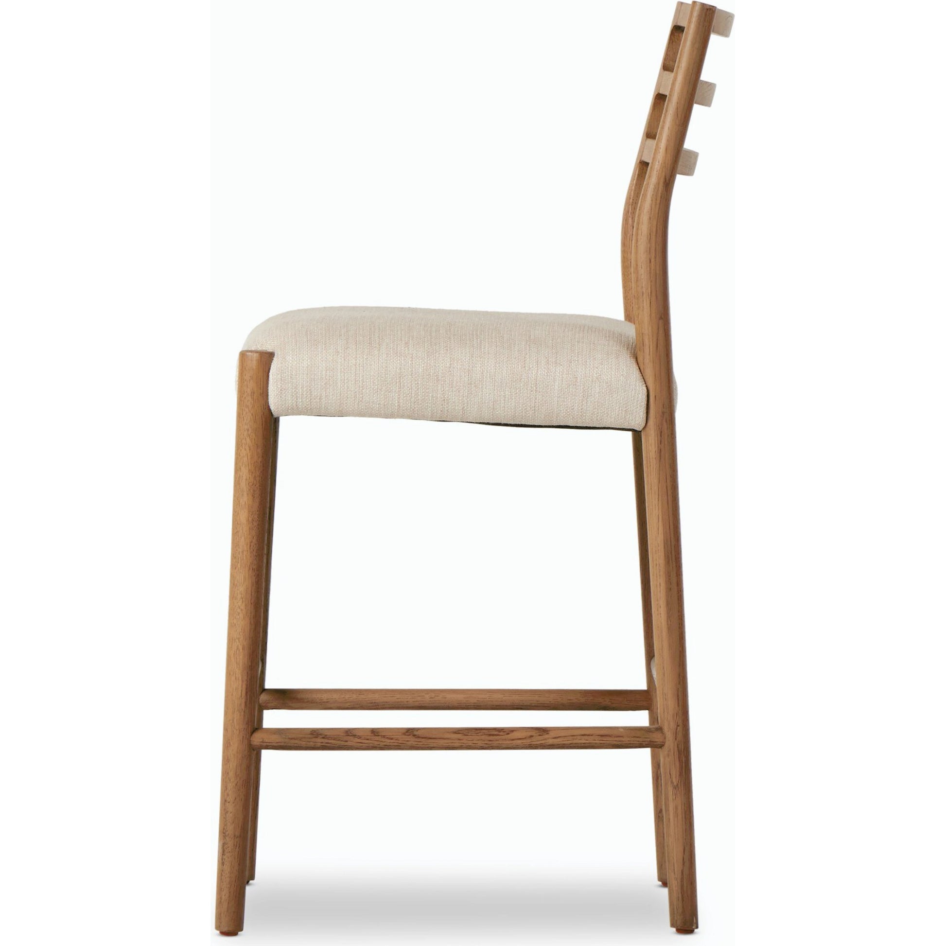 Glenmore Counter Stool by Four Hands in essence natural. Made from 49% viscose (rayon), 22% flax, linen, 18% polyester, 11% cotton, solid oak, 100% polyurethane foam pad in a modern style.