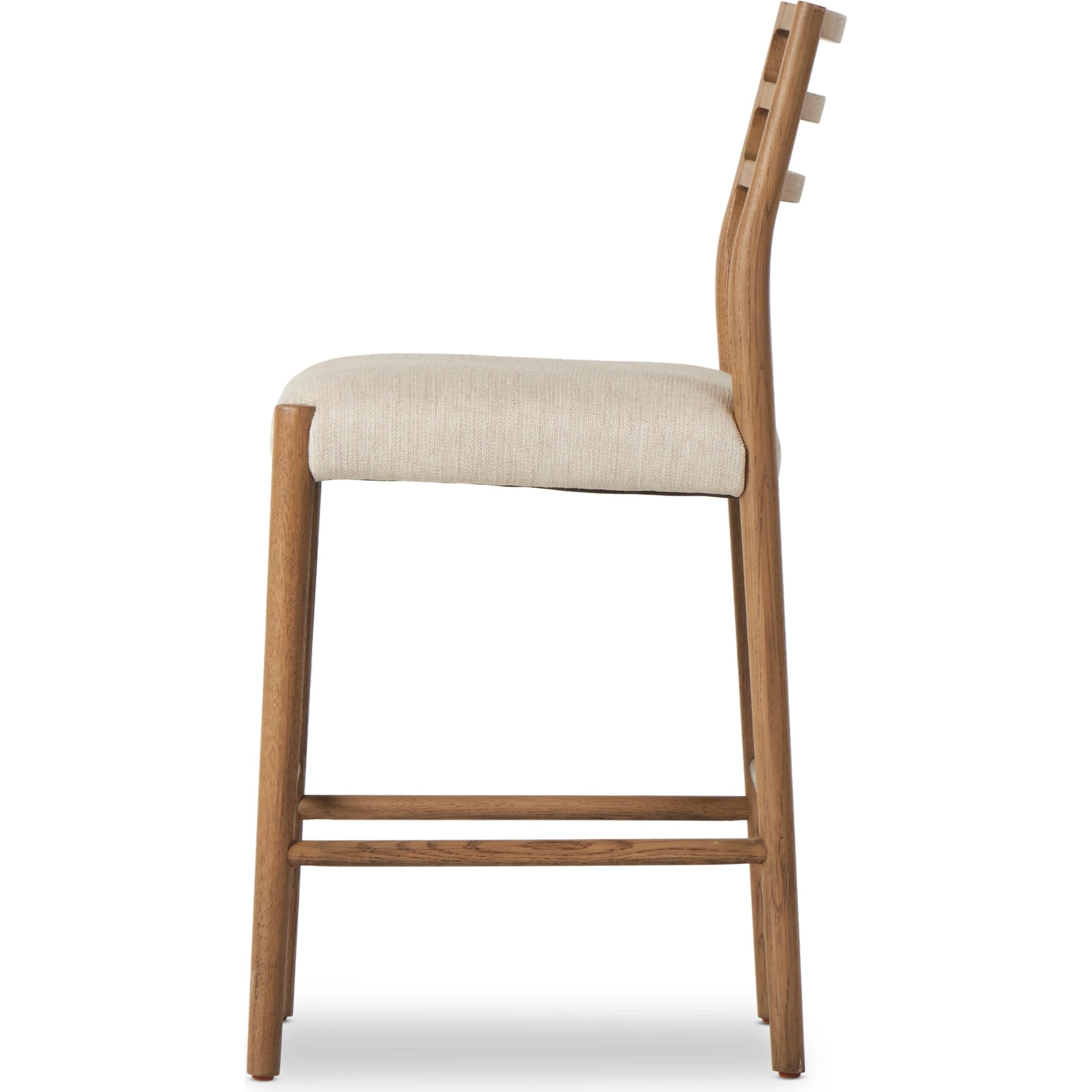 Glenmore Counter Stool by Four Hands in essence natural. Made from 49% viscose (rayon), 22% flax, linen, 18% polyester, 11% cotton, solid oak, 100% polyurethane foam pad in a modern style.