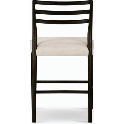 Glenmore Counter Stool by Four Hands in essence natural. Made from 49% viscose (rayon), 22% flax, linen, 18% polyester, 11% cotton, solid oak, 100% polyurethane foam pad in a modern style.