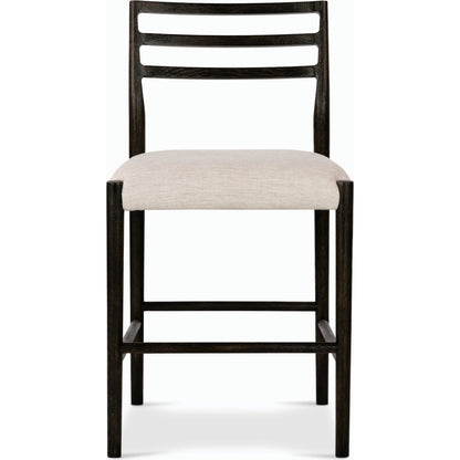 Glenmore Counter Stool by Four Hands in essence natural. Made from 49% viscose (rayon), 22% flax, linen, 18% polyester, 11% cotton, solid oak, 100% polyurethane foam pad in a modern style.