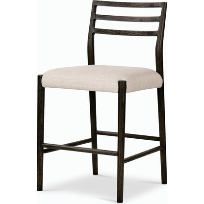 Glenmore Counter Stool by Four Hands in essence natural. Made from 49% viscose (rayon), 22% flax, linen, 18% polyester, 11% cotton, solid oak, 100% polyurethane foam pad in a modern style.