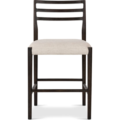 Glenmore Counter Stool by Four Hands in essence natural. Made from 49% viscose (rayon), 22% flax, linen, 18% polyester, 11% cotton, solid oak, 100% polyurethane foam pad in a modern style.