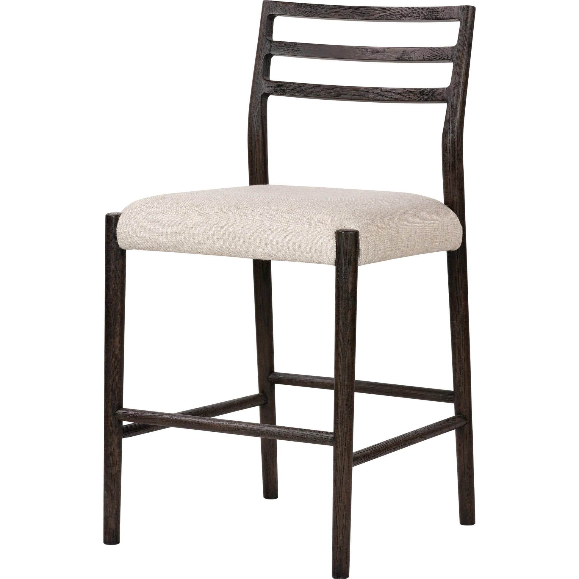 Glenmore Counter Stool by Four Hands in essence natural. Made from 49% viscose (rayon), 22% flax, linen, 18% polyester, 11% cotton, solid oak, 100% polyurethane foam pad in a modern style.