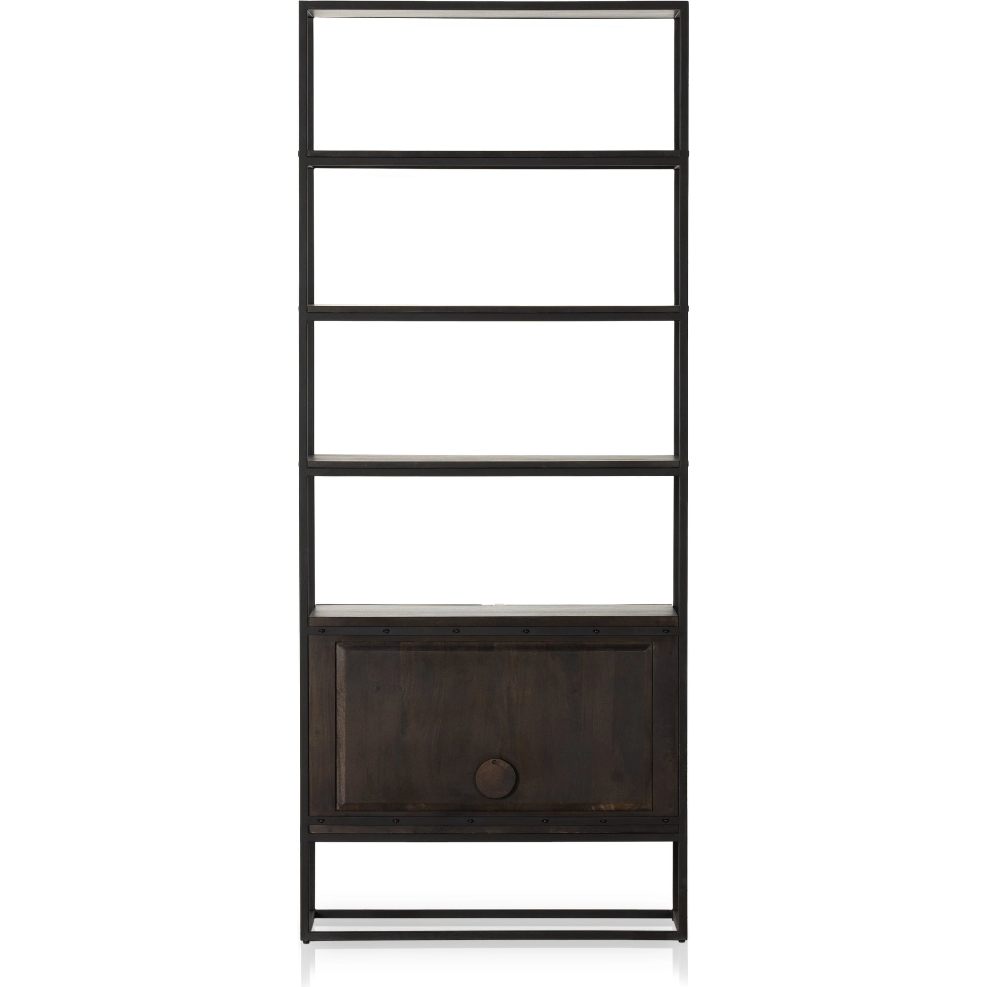 Kelby Bookcase by Four Hands in carved vintage brown. Made from iron, solid mango in a modern style.