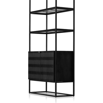 Kelby Bookcase by Four Hands in carved vintage brown. Made from iron, solid mango in a modern style.