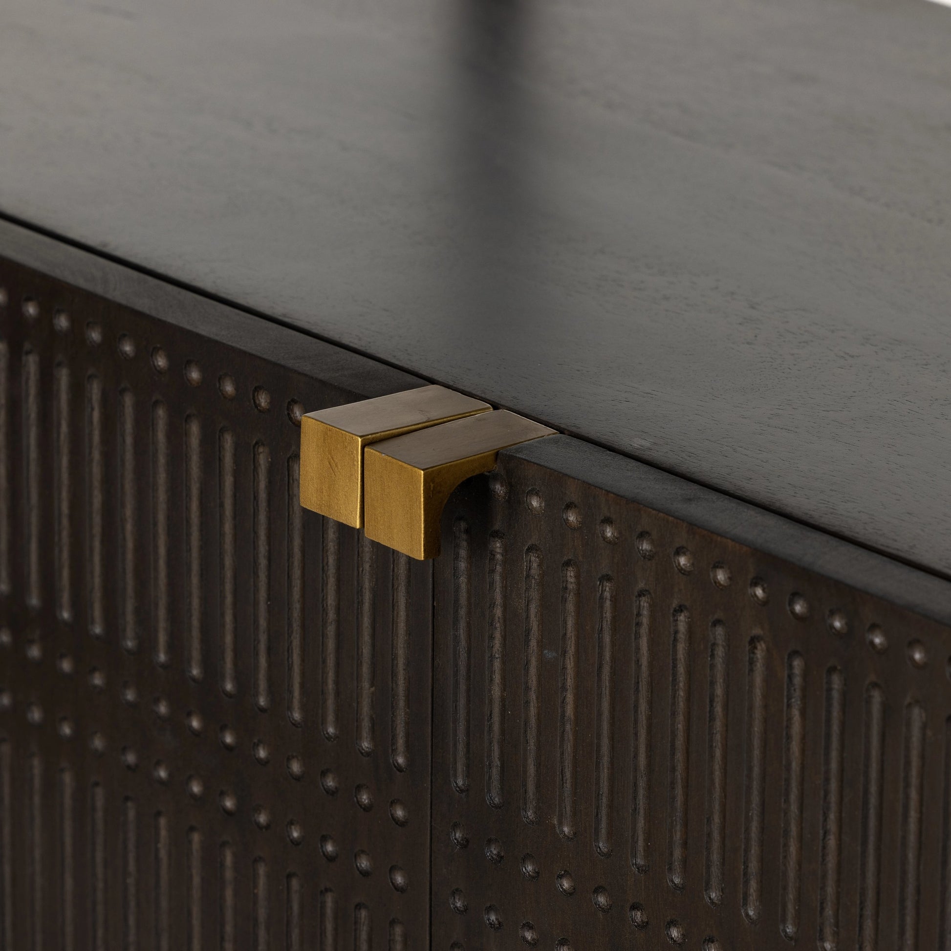 Kelby Bookcase by Four Hands in carved vintage brown. Made from iron, solid mango in a modern style.