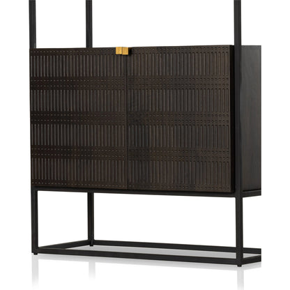 Kelby Bookcase by Four Hands in carved vintage brown. Made from iron, solid mango in a modern style.
