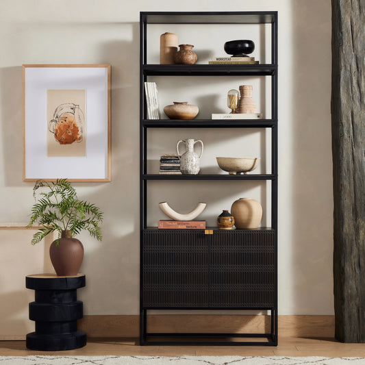 Kelby Bookcase by Four Hands in carved vintage brown. Made from iron, solid mango in a modern style.