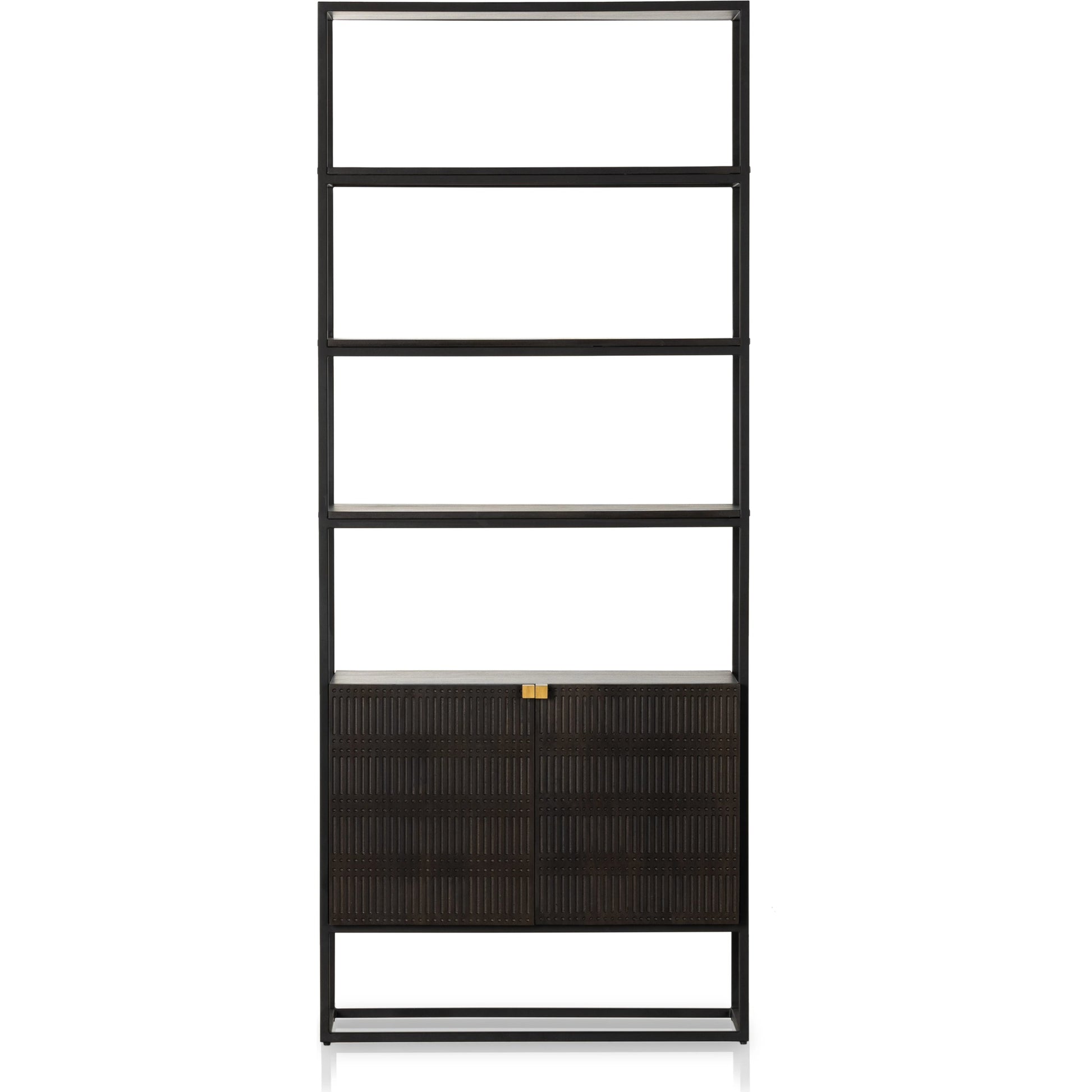 Kelby Bookcase by Four Hands in carved vintage brown. Made from iron, solid mango in a modern style.