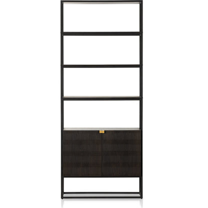 Kelby Bookcase by Four Hands in carved vintage brown. Made from iron, solid mango in a modern style.
