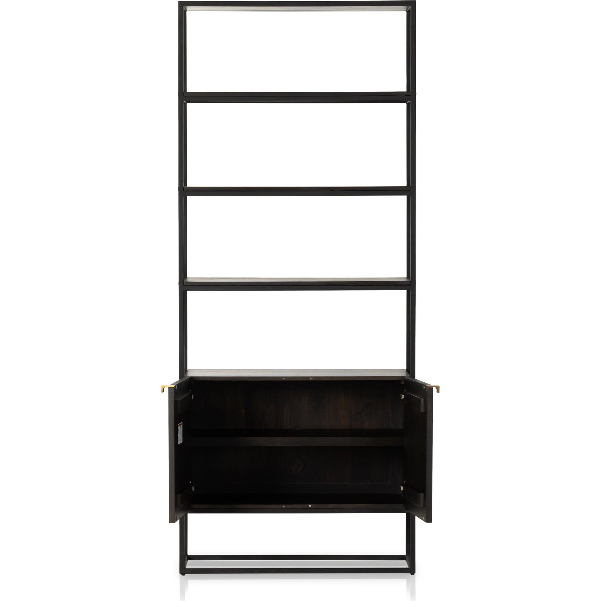 Kelby Bookcase by Four Hands in carved vintage brown. Made from iron, solid mango in a modern style.