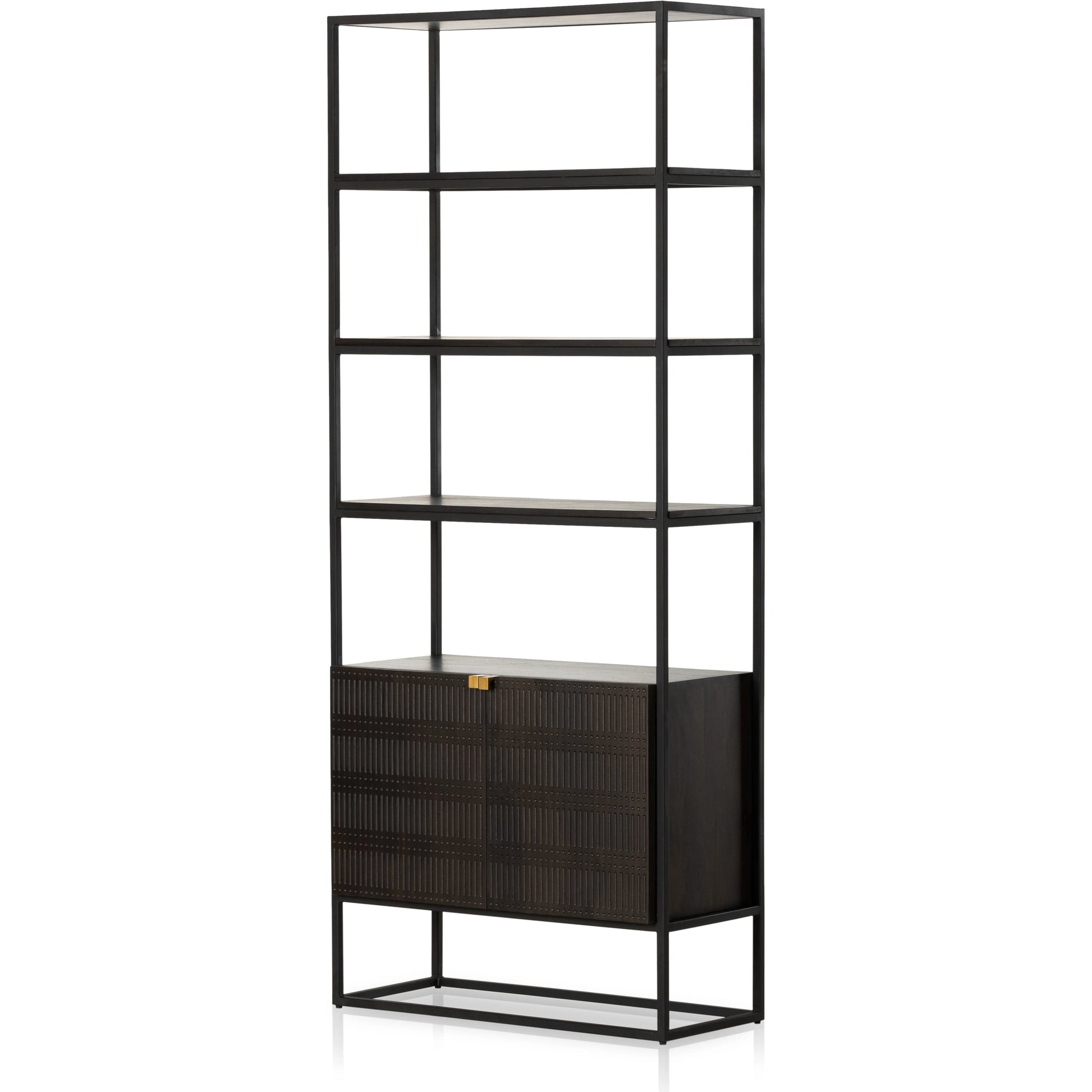Kelby Bookcase by Four Hands in carved vintage brown. Made from iron, solid mango in a modern style.