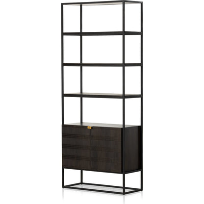 Kelby Bookcase by Four Hands in carved vintage brown. Made from iron, solid mango in a modern style.