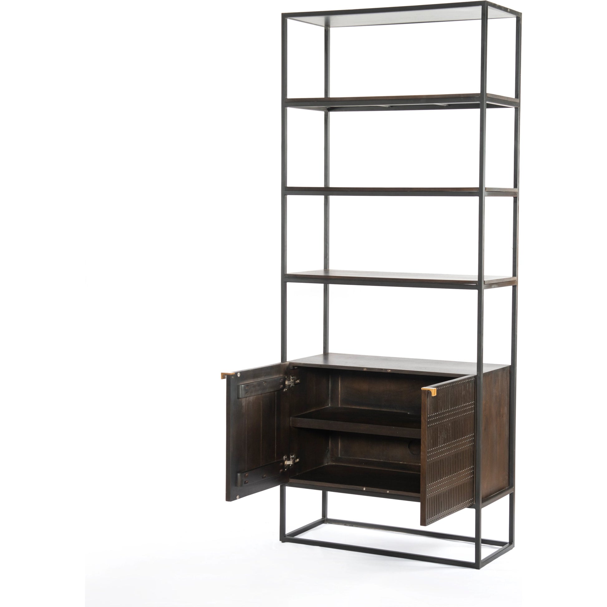 Kelby Bookcase by Four Hands in carved vintage brown. Made from iron, solid mango in a modern style.