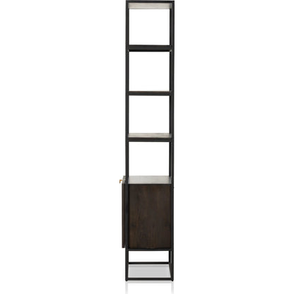 Kelby Bookcase by Four Hands in carved vintage brown. Made from iron, solid mango in a modern style.