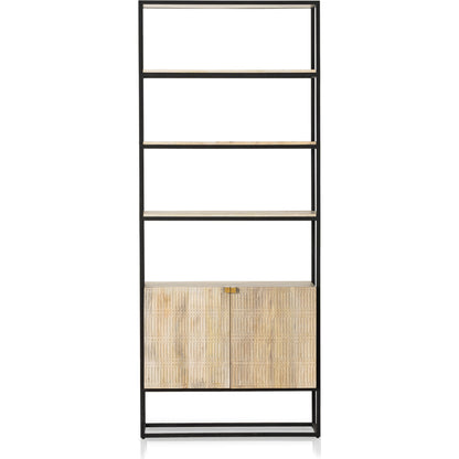 Kelby Bookcase by Four Hands in carved vintage brown. Made from iron, solid mango in a modern style.