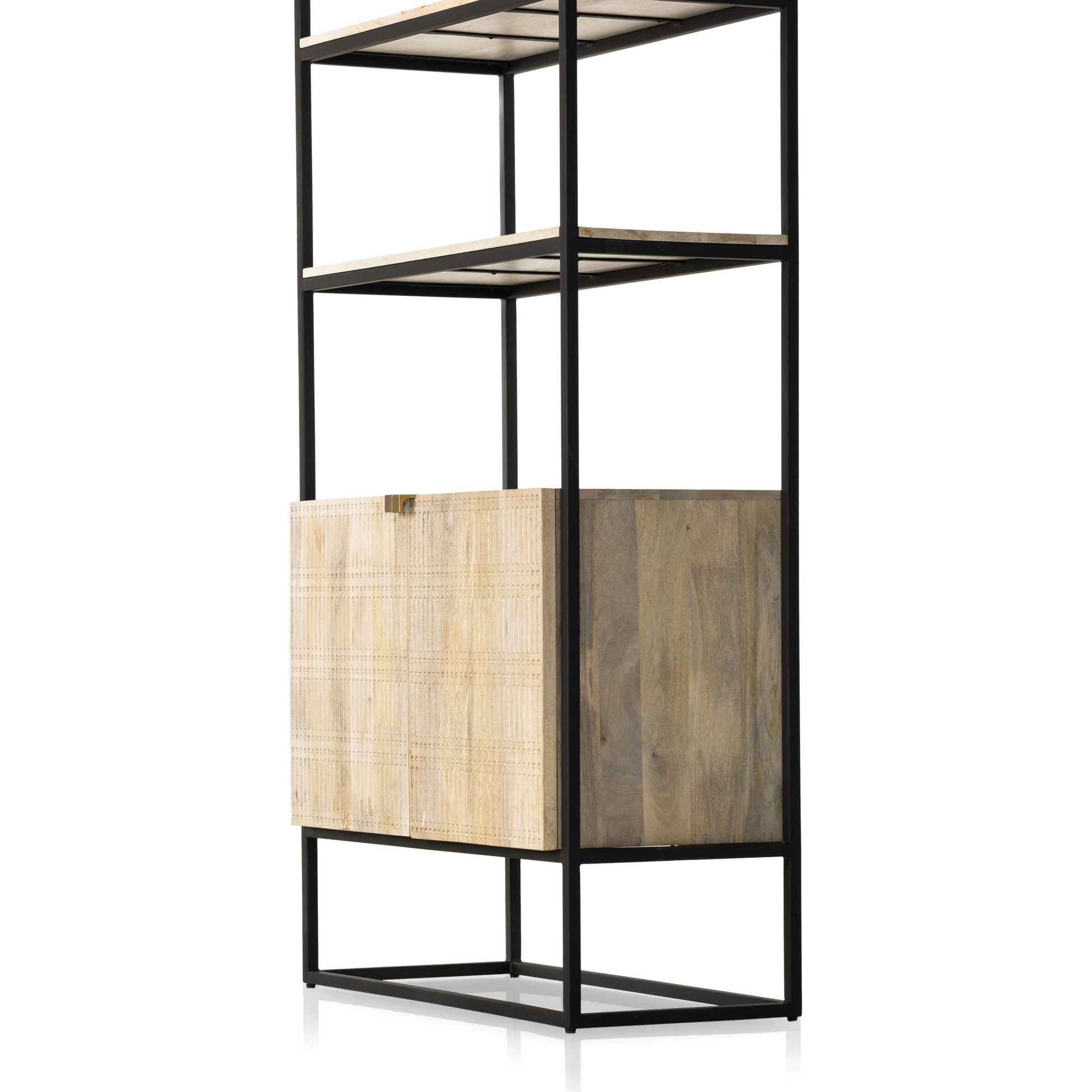 Kelby Bookcase by Four Hands in carved vintage brown. Made from iron, solid mango in a modern style.