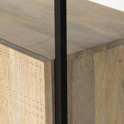 Kelby Bookcase by Four Hands in carved vintage brown. Made from iron, solid mango in a modern style.