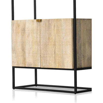 Kelby Bookcase by Four Hands in carved vintage brown. Made from iron, solid mango in a modern style.