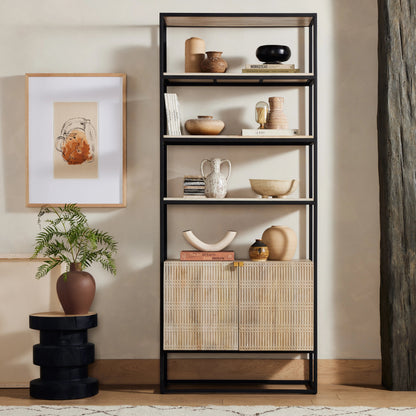 Kelby Bookcase by Four Hands in carved vintage brown. Made from iron, solid mango in a modern style.