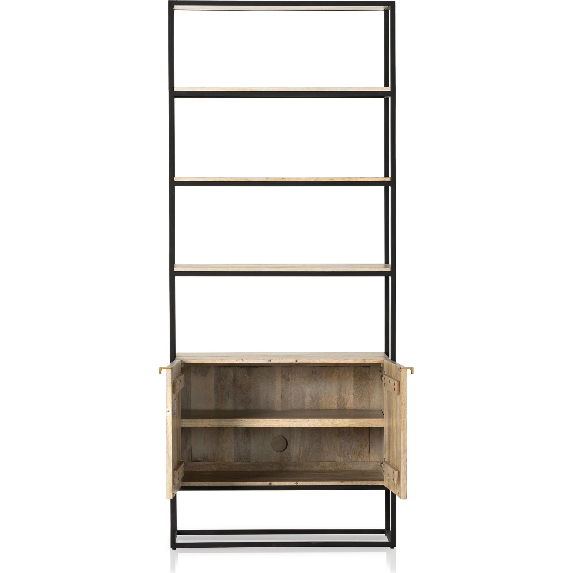 Kelby Bookcase by Four Hands in carved vintage brown. Made from iron, solid mango in a modern style.