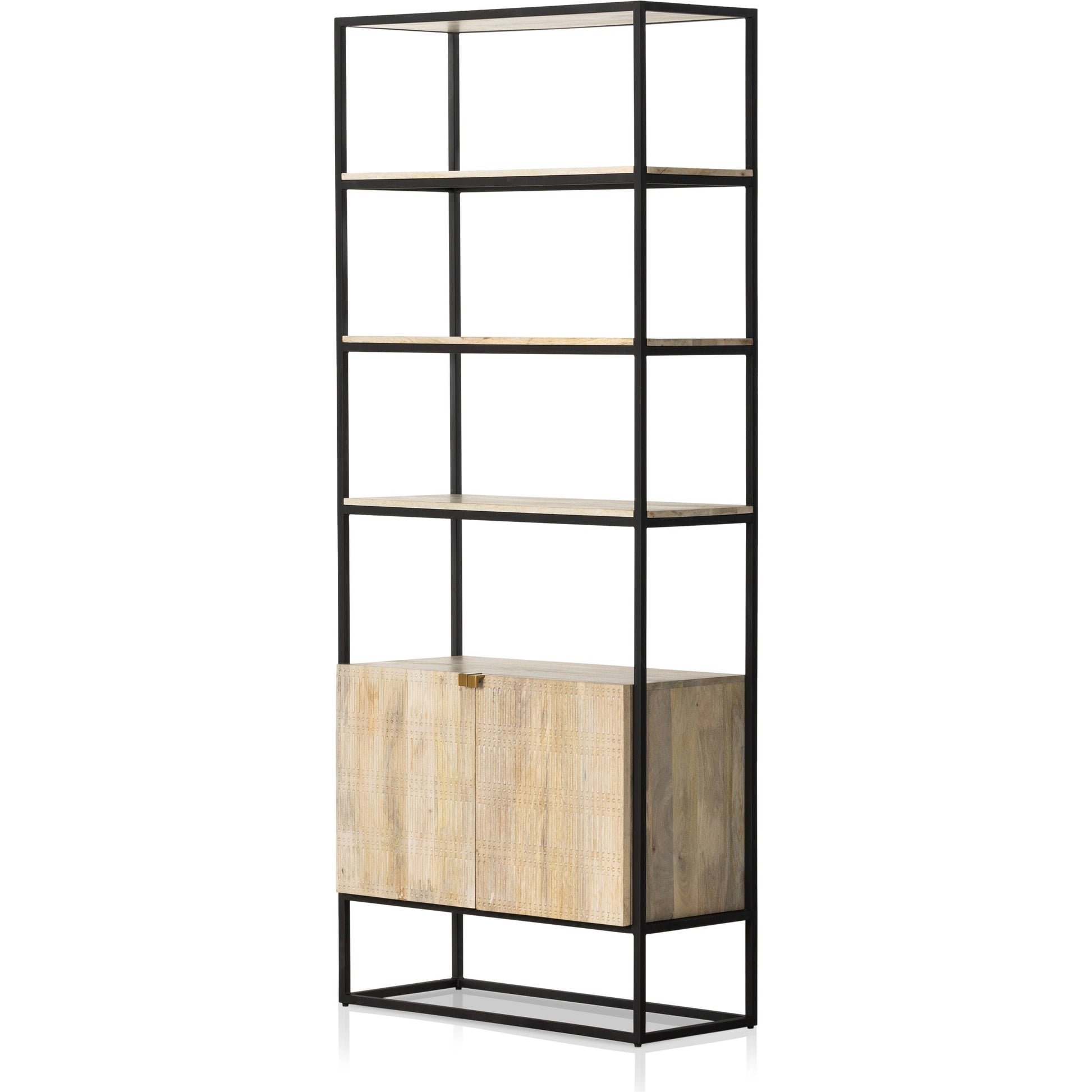 Kelby Bookcase by Four Hands in carved vintage brown. Made from iron, solid mango in a modern style.