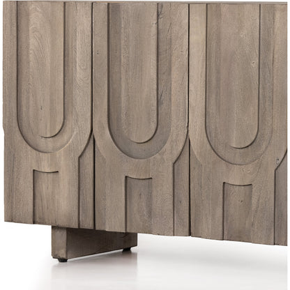 Rivka Media Console by Four Hands. Made from solid mixed reclaimed wood in a modern style.