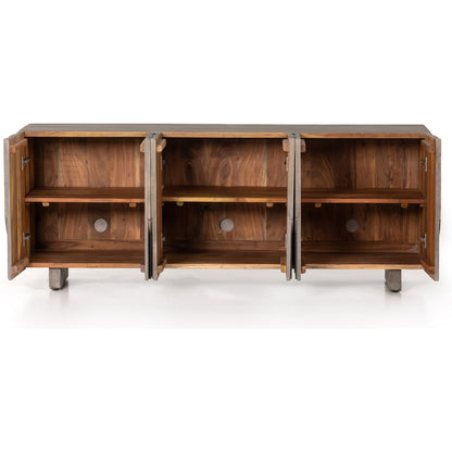 Rivka Media Console by Four Hands. Made from solid mixed reclaimed wood in a modern style.