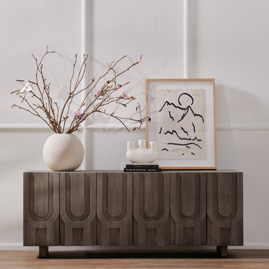 Rivka Media Console by Four Hands. Made from solid mixed reclaimed wood in a modern style.