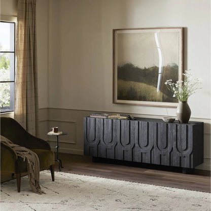 Rivka Media Console by Four Hands. Made from solid mixed reclaimed wood in a modern style.