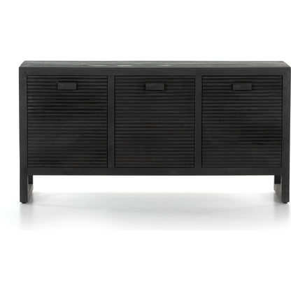 Lorne Media Console by Four Hands in dark reeded totem. Made from solid mango, solid mixed reclaimed wood in a modern style.