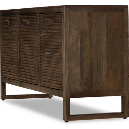 Lorne Media Console by Four Hands in dark reeded totem. Made from solid mango, solid mixed reclaimed wood in a modern style.
