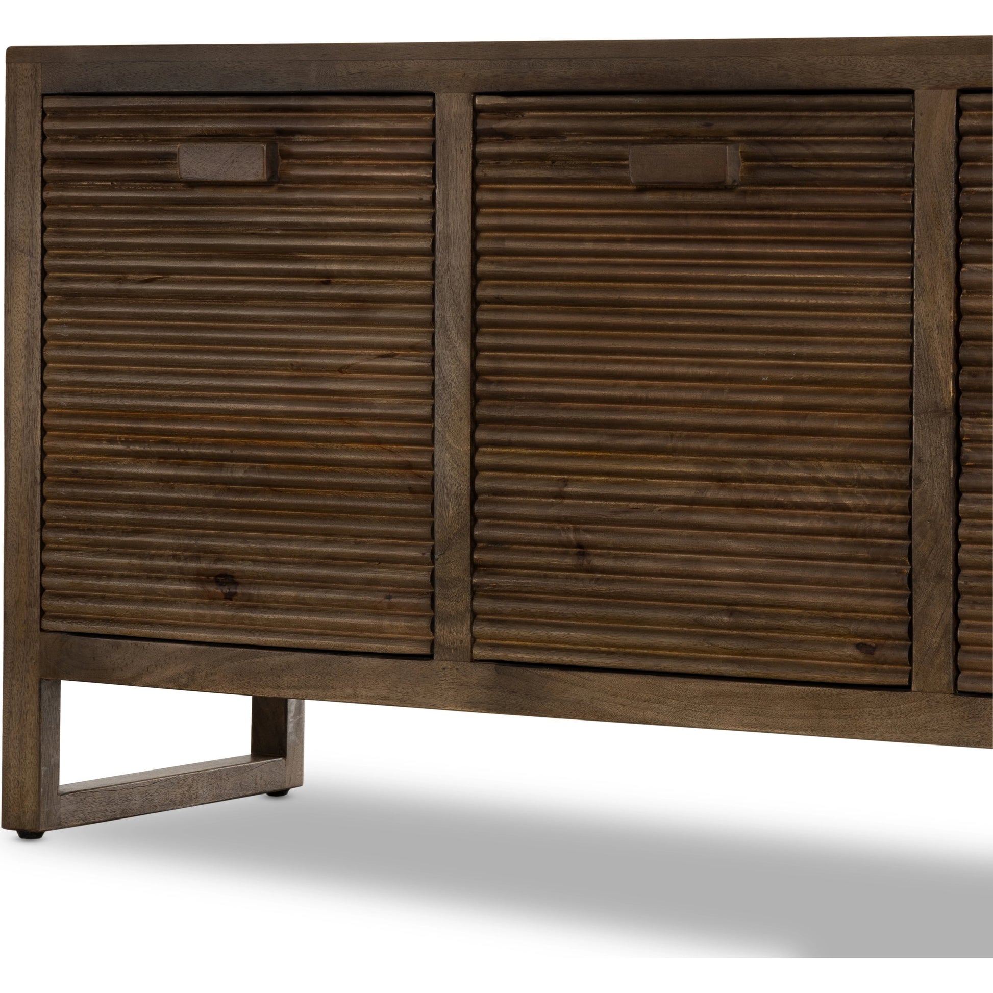 Lorne Media Console by Four Hands in dark reeded totem. Made from solid mango, solid mixed reclaimed wood in a modern style.