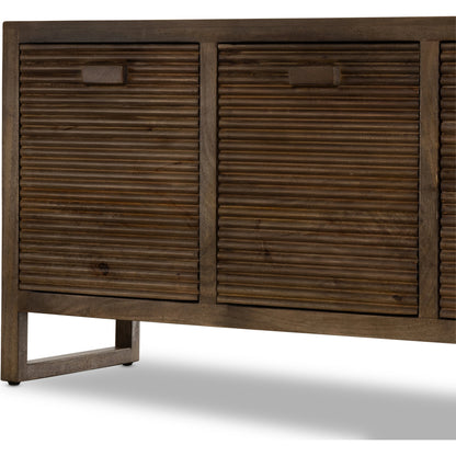 Lorne Media Console by Four Hands in dark reeded totem. Made from solid mango, solid mixed reclaimed wood in a modern style.