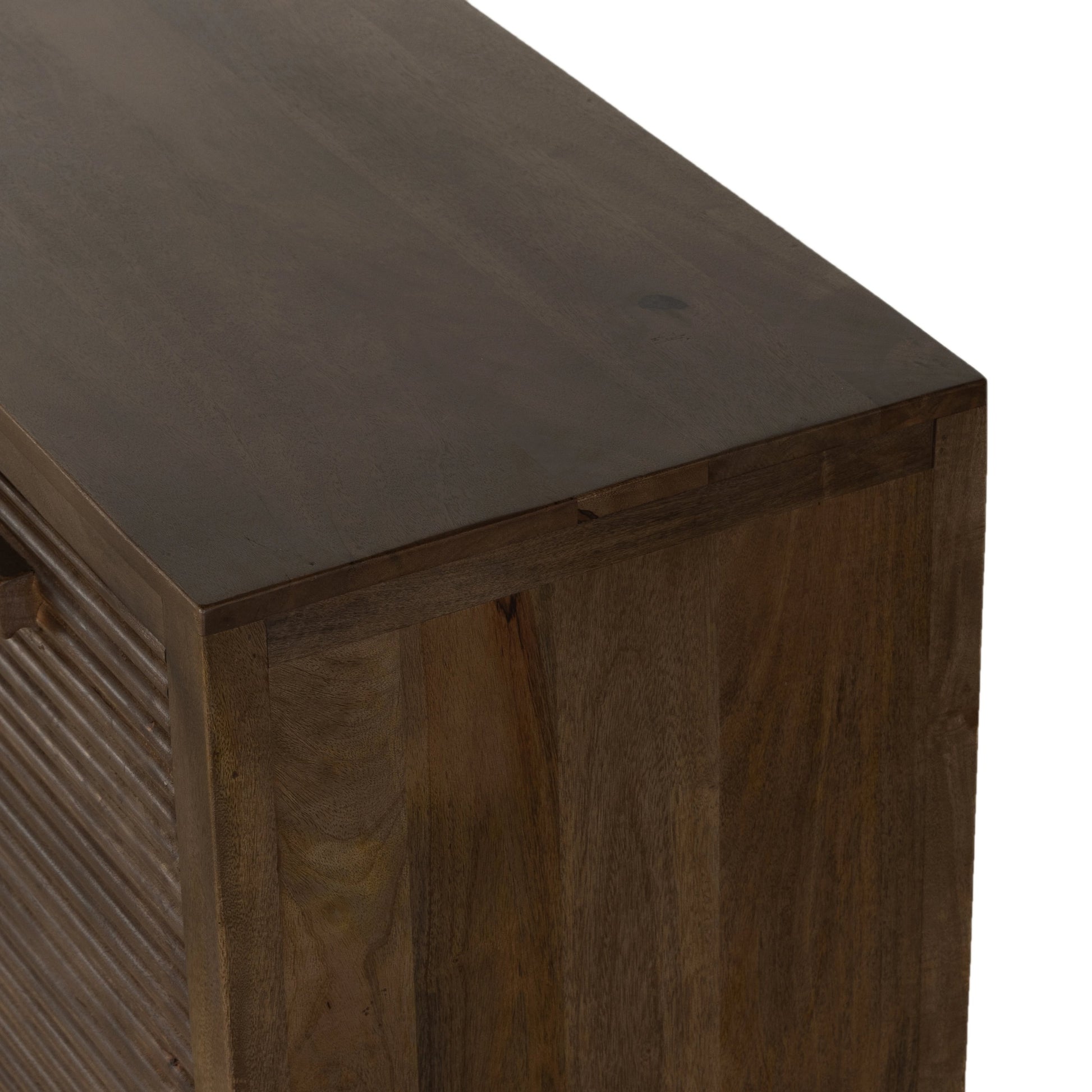 Lorne Media Console by Four Hands in dark reeded totem. Made from solid mango, solid mixed reclaimed wood in a modern style.