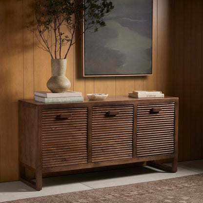 Lorne Media Console by Four Hands in dark reeded totem. Made from solid mango, solid mixed reclaimed wood in a modern style.