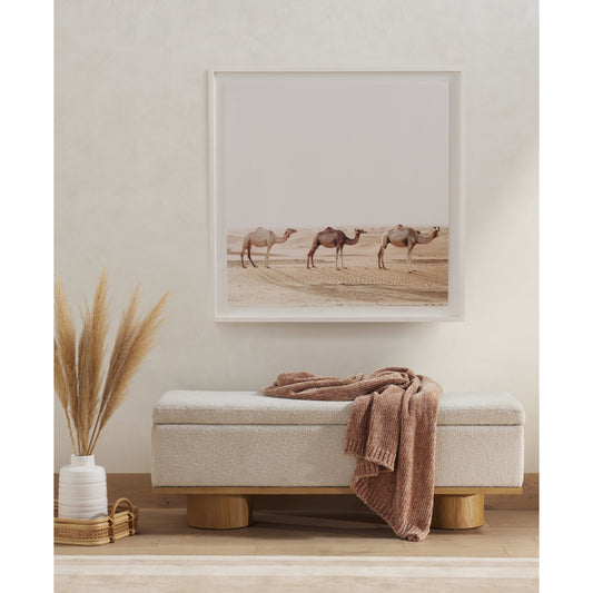 Navi Trunk by Four Hands in knoll natural and buff oak. Made from 95% polyester, 5% acrylic, solid oak, solid parawood in a modern style.