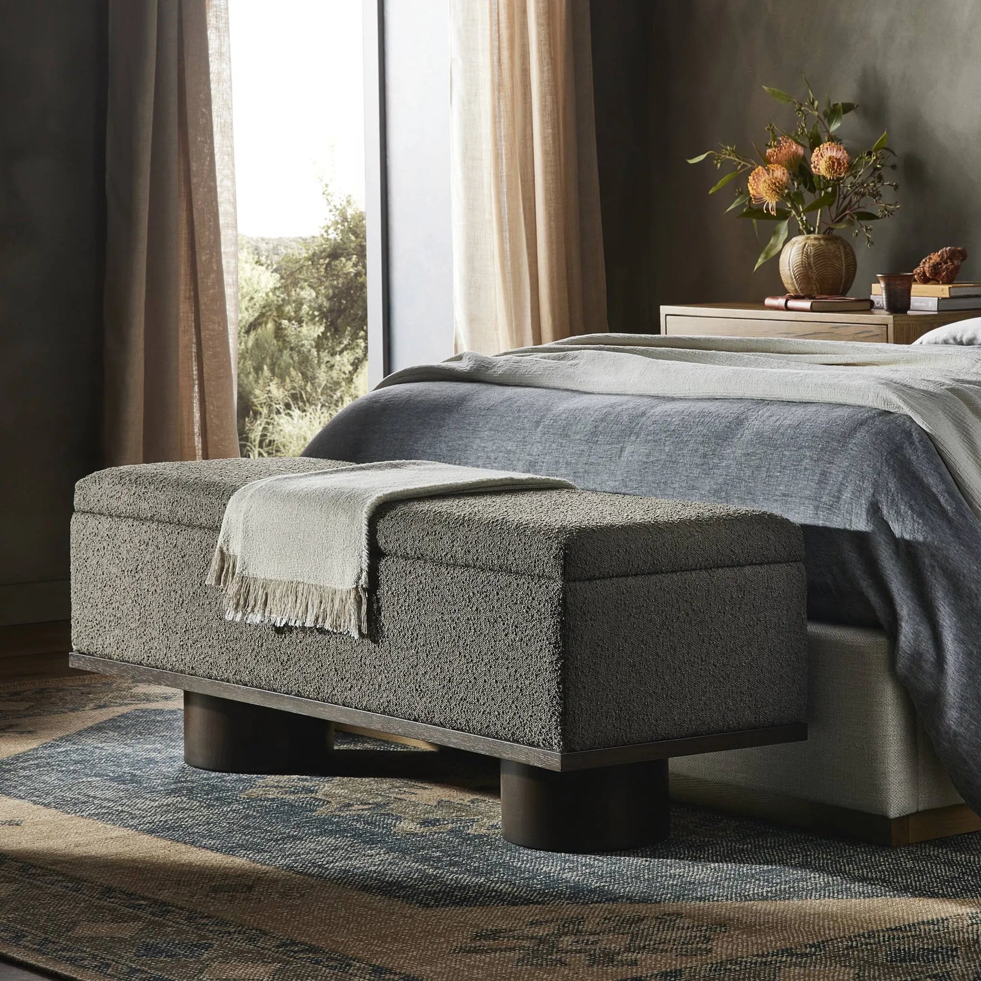 Barnett Bed by Four Hands in burnished oak, dover crescent. Made from 71% viscose (rayon), 17% polyester, 12% flax, linen, solid oak in a modern style.