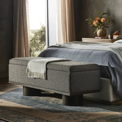 Barnett Bed by Four Hands in burnished oak, dover crescent. Made from 71% viscose (rayon), 17% polyester, 12% flax, linen, solid oak in a modern style.