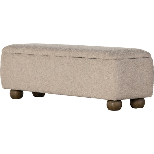 Ramsey Trunk by Four Hands in knoll sand, dark hazel. Made from 95% polyester, 5% acrylic, solid parawood, 90% polyurethane foam, 10% fiber in a modern style.