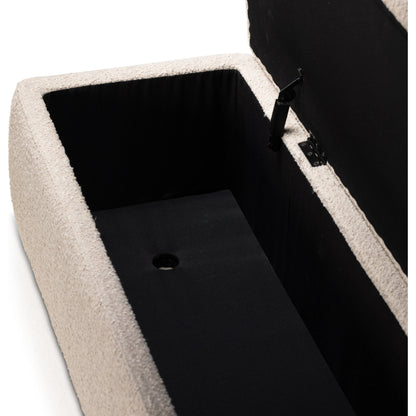 Ramsey Trunk by Four Hands in knoll sand, dark hazel. Made from 95% polyester, 5% acrylic, solid parawood, 90% polyurethane foam, 10% fiber in a modern style.