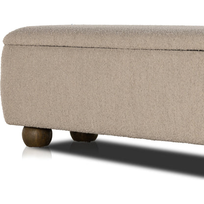 Ramsey Trunk by Four Hands in knoll sand, dark hazel. Made from 95% polyester, 5% acrylic, solid parawood, 90% polyurethane foam, 10% fiber in a modern style.